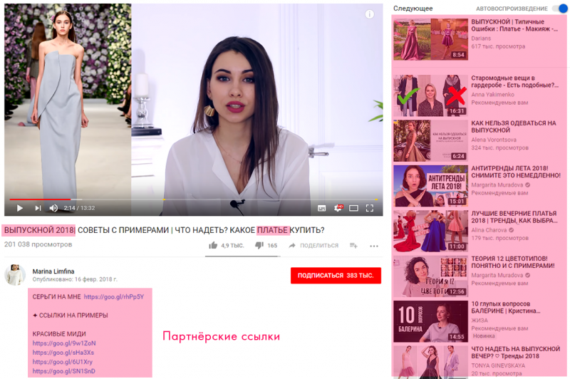 Как и в других примерах, в описании партнёрские ссылки на товары. В названии присутствуют ключевые слова (“выпускной” и “платье”). В блоке рекомендаций можно увидеть целый ряд аналогичных подборок.