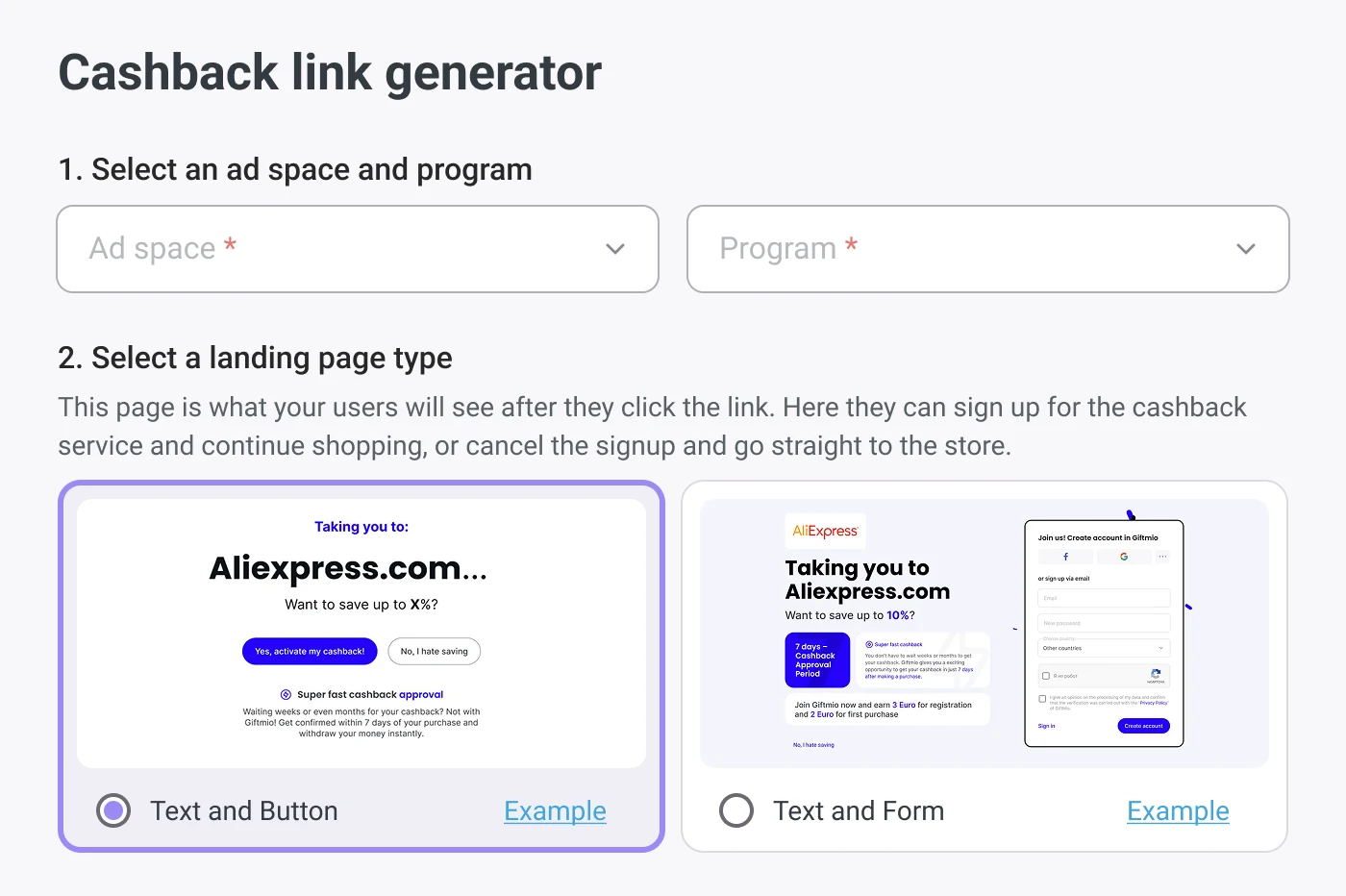 Cashback link generator